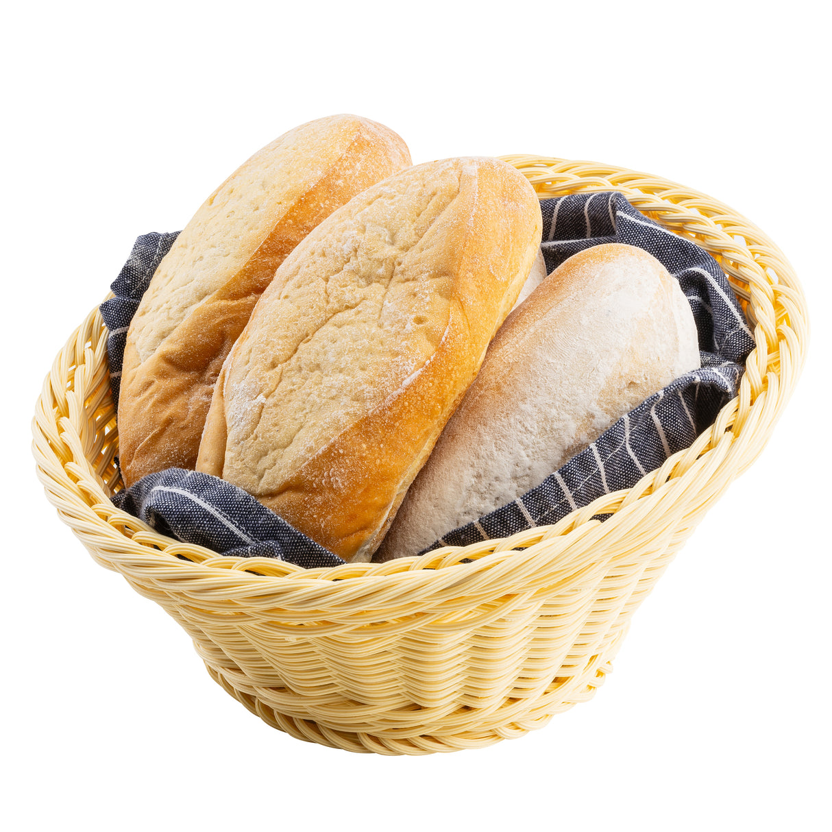 A light handwoven basket holds three oval loaves of crusty bread, resting on a dark gray and white striped cloth. The rustic bread is lightly floured, while the white background highlights the basket and its contents.