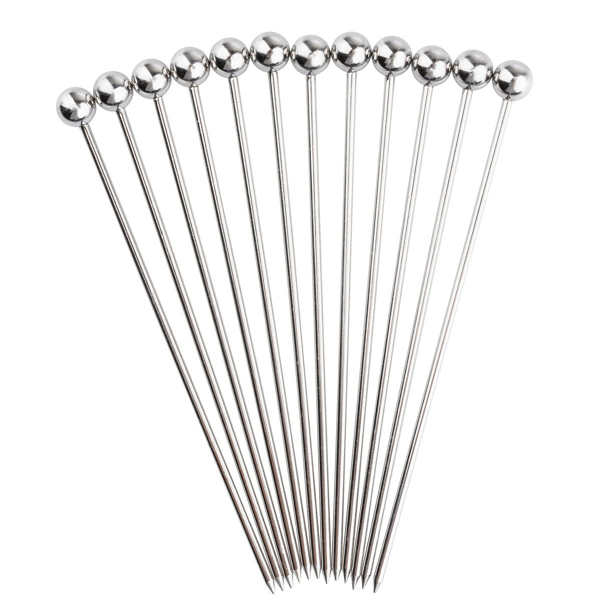 Twelve shiny silver cocktail picks from TableCraft with round ball heads are arranged in a fan shape on a white background, their stainless steel pointed ends close together at the bottom, while the ball heads radiate outward at the top.