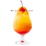 A hurricane glass filled with a vibrant layered cocktail, featuring a red-to-yellow gradient. The drink is garnished with an orange slice and cherry, skewered by a TableCraft stainless steel cocktail pick, against a white background.