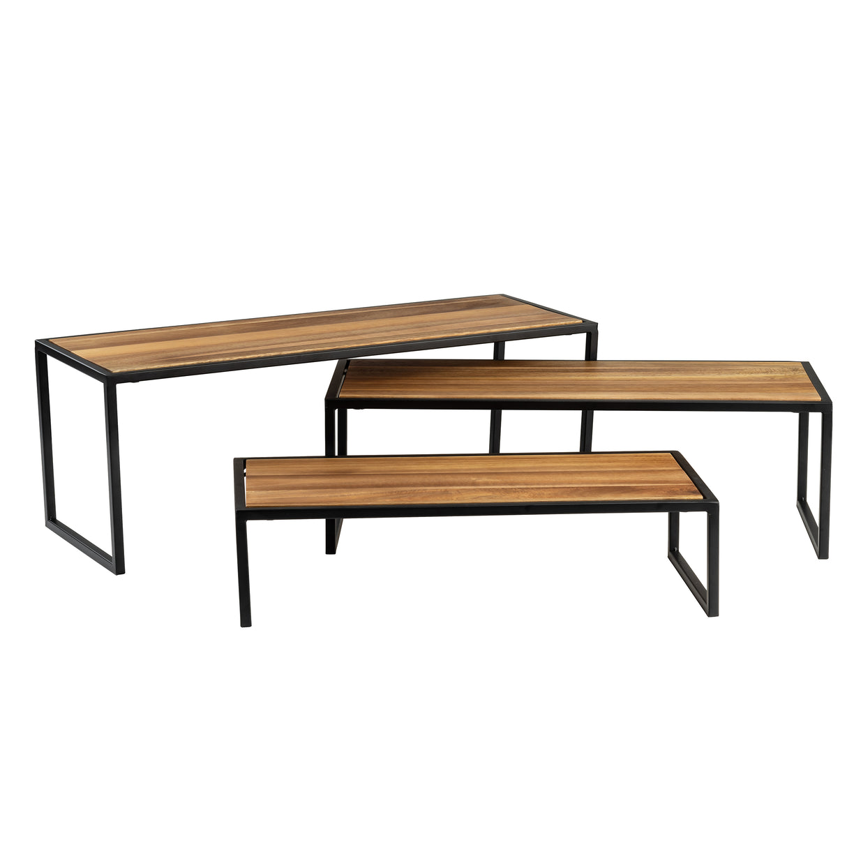 Three rectangular nesting tables with powder coated steel frames and wooden tabletops. The tables are positioned at different heights and partially overlap, showcasing their riser design and minimalist, modern style with visible wood grain.