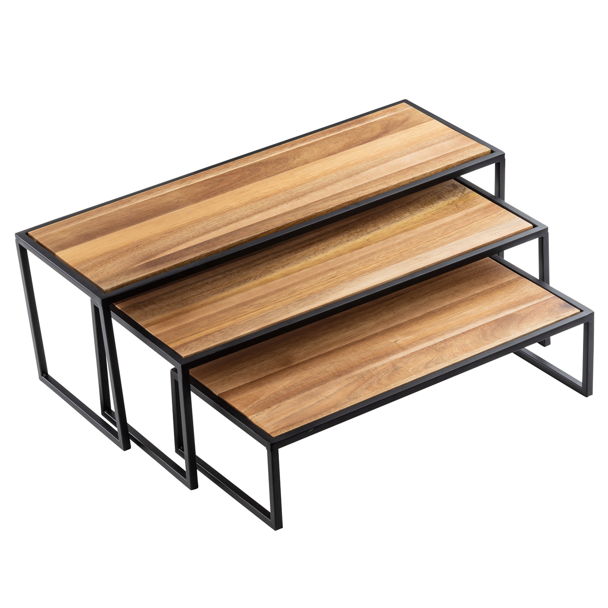 Three-tiered display risers with rectangular Acacia wood shelves and black powder coated steel frames. The stepped design creates a modern, minimalist look, while the natural finish highlights the beauty of the wood.