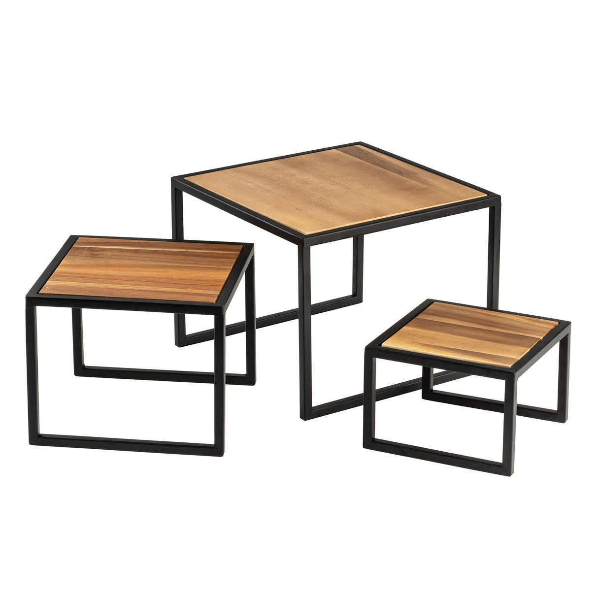 Three nesting tables with square acacia wood tops and black powder coated steel frames are shown. Varying in height and size, these risers fit neatly under each other, showcasing visible grain and a modern, minimalist design.