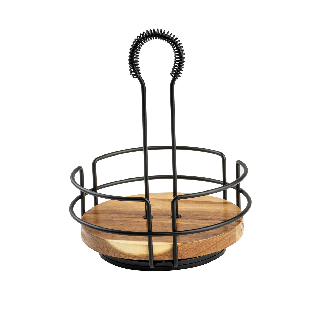 A modern, minimalist TableCraft 12267 acacia wood caddy with a black metal frame, open sides, and a circular wooden base. The tall, curved handle features a coiled grip—perfect as a rotating tabletop caddy for napkins or condiments.