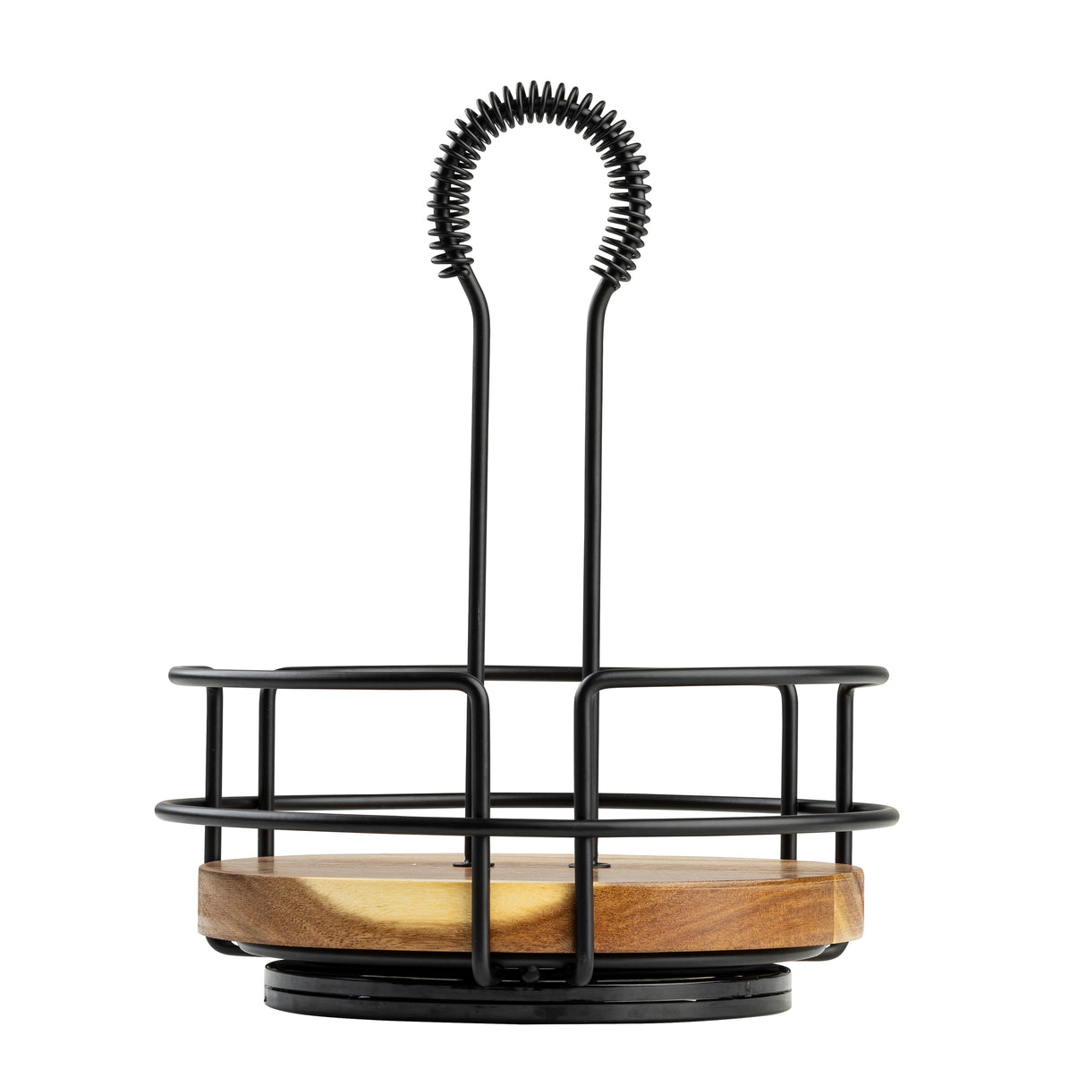 A black wire metal basket with a rotating tabletop caddy design, featuring a circular acacia wood caddy base that fits snugly inside the frame. The curved, coiled handle at the top center makes the TableCraft 12267 both functional and stylish.