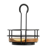 A black wire metal basket with a rotating tabletop caddy design, featuring a circular acacia wood caddy base that fits snugly inside the frame. The curved, coiled handle at the top center makes the TableCraft 12267 both functional and stylish.