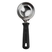 A stainless steel ice cream scoop with a deep, round bowl and a sturdy black plastic handle, viewed from above on a white background. The handle features a textured grip, the brand name “PerfaComp” embossed on it, and is comparable to TableCraft in quality.