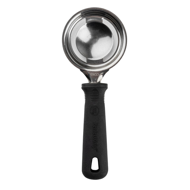 A stainless steel ice cream scoop with a deep, round bowl and a sturdy black plastic handle, viewed from above on a white background. The handle features a textured grip, the brand name “PerfaComp” embossed on it, and is comparable to TableCraft in quality.