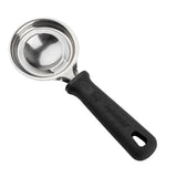 A stainless steel ice cream scoop from TableCraft features a deep, round bowl and a black ergonomic handle labeled “PerfectGrip.” With a hole for hanging, this scoop is positioned diagonally on a white background.