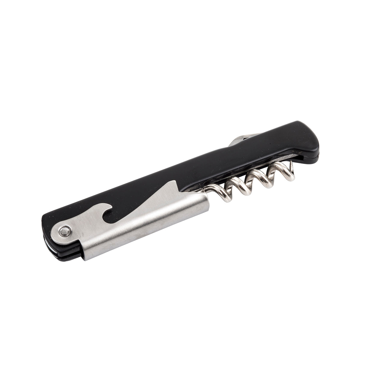 A waiter's corkscrew with a black plastic handle, metal bottle opener, and folded silver spiral is shown against a white background. This compact tool is perfect for opening wine bottles and bottle caps, and it's dishwasher safe.
