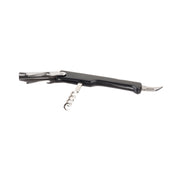 A black plastic handle waiter's corkscrew is shown open, displaying its metal corkscrew spiral, bottle opener lever, and small knife blade, all extended against a white background.