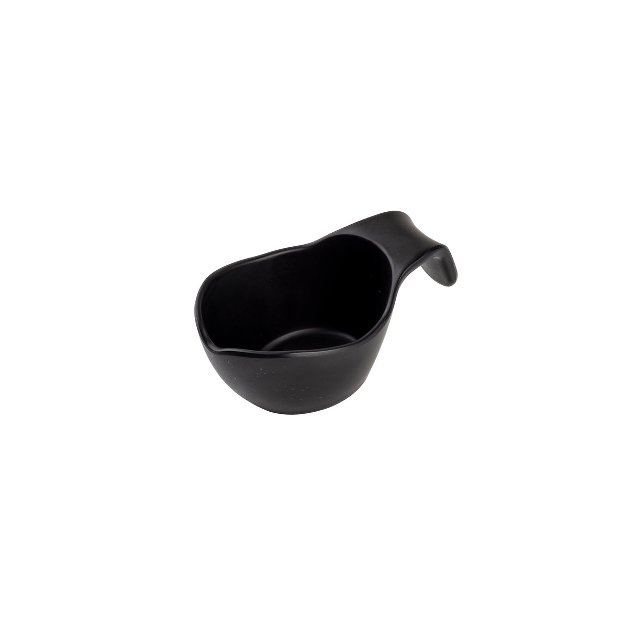 A small, matte black melamine measuring cup with a rounded bowl and a curved, ergonomic handle. Featuring a smooth finish and a spout for easy pouring, this stackable cup is photographed against a plain white background.