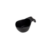 A small, matte black melamine measuring cup with a rounded bowl and a curved, ergonomic handle. Featuring a smooth finish and a spout for easy pouring, this stackable cup is photographed against a plain white background.
