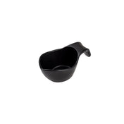 A small, matte black melamine measuring cup with a rounded bowl and a curved, ergonomic handle. Featuring a smooth finish and a spout for easy pouring, this stackable cup is photographed against a plain white background.