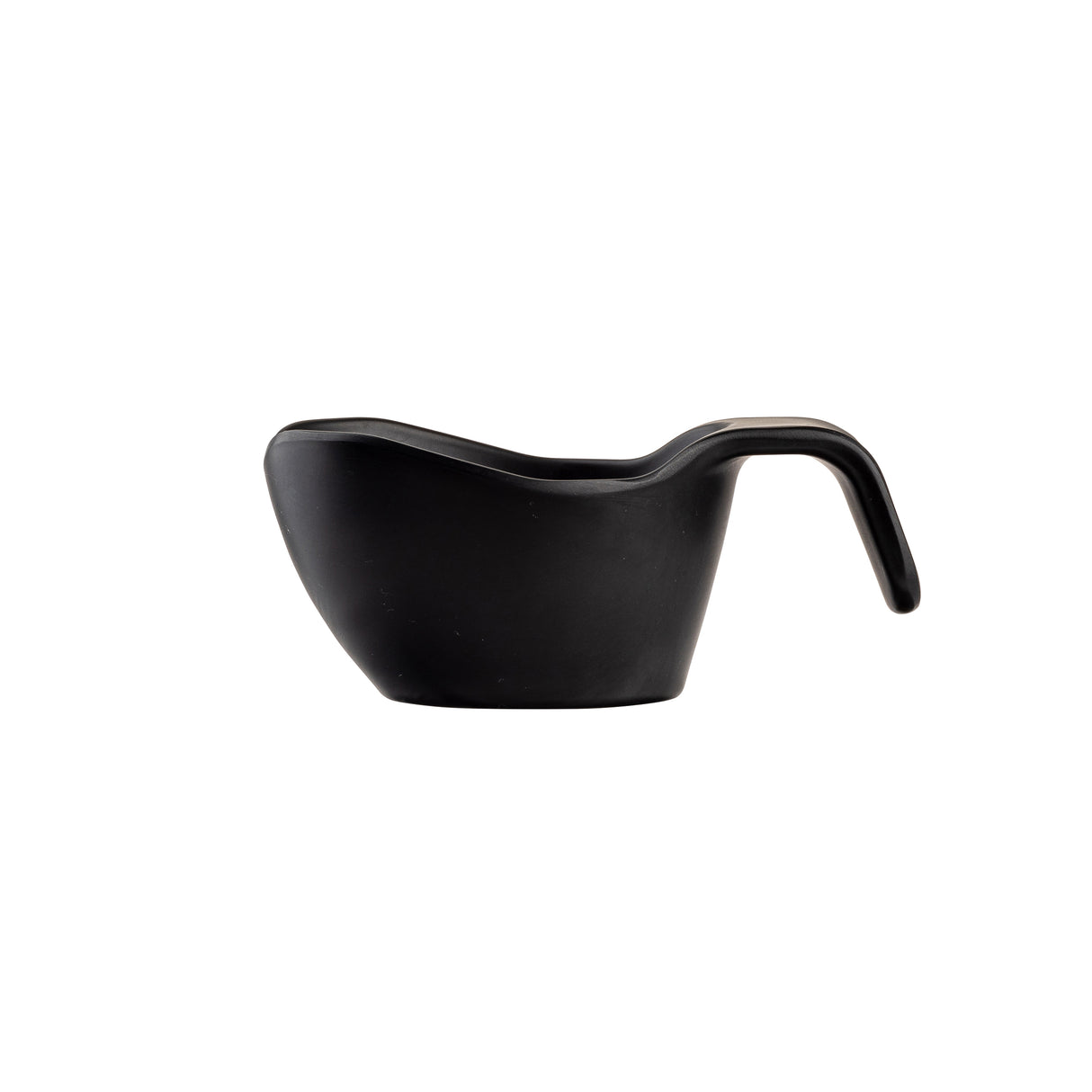 A matte black, modern measuring cup made of durable melamine features a curved body, wide pouring spout, and ergonomic handle that slopes downward. Set against a white background, its sleek, stackable design is clearly visible in side profile.
