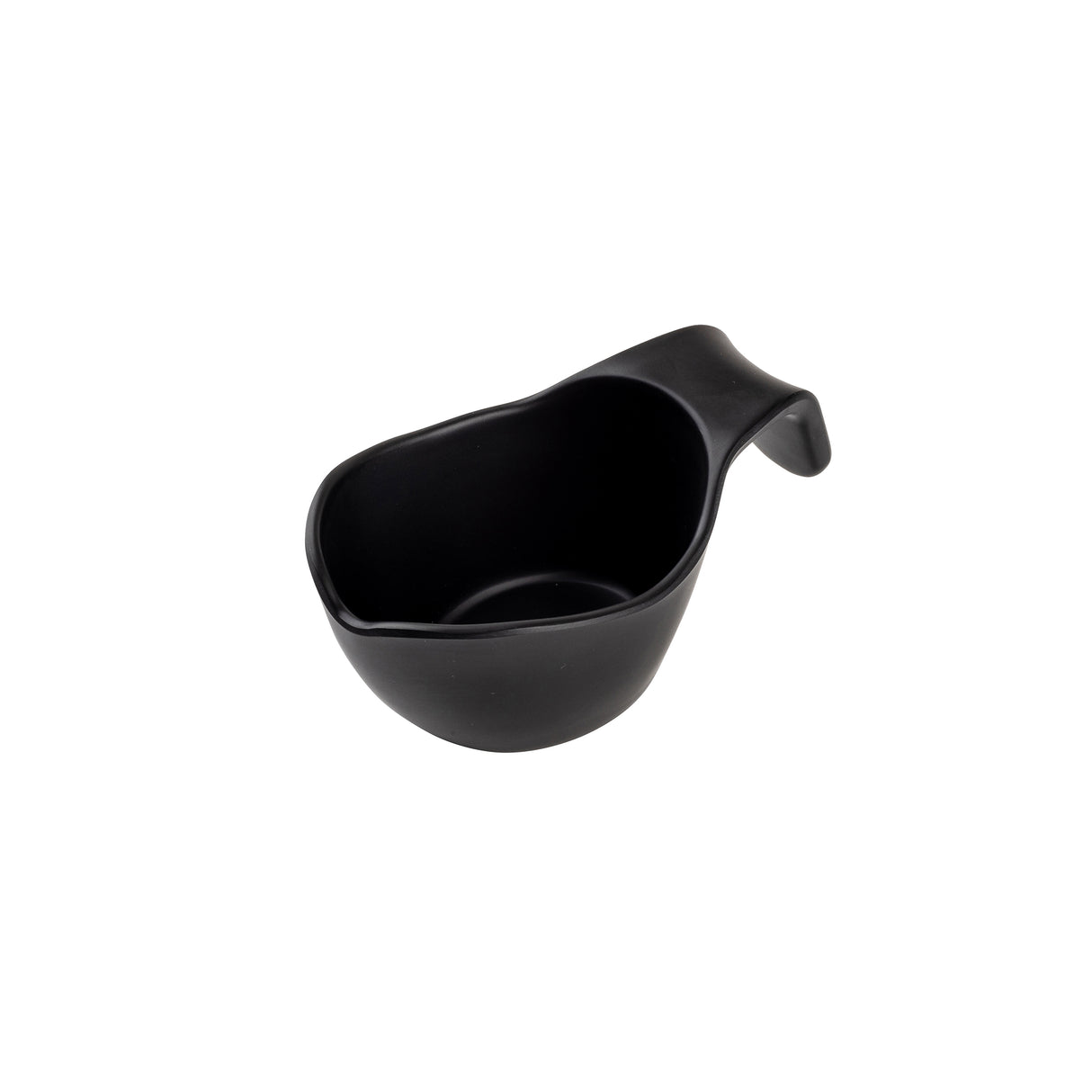A black, matte-finish melamine scoop with a deep, rounded bowl and a short, wide handle curves upward, set against a plain white background. Designed for easy pouring and measuring, this stackable scoop combines style with convenience.