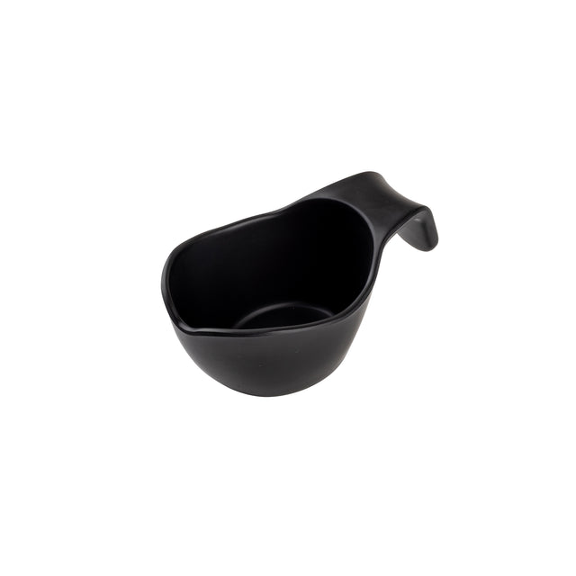 A black, matte-finish melamine scoop with a deep, rounded bowl and a short, wide handle curves upward, set against a plain white background. Designed for easy pouring and measuring, this stackable scoop combines style with convenience.