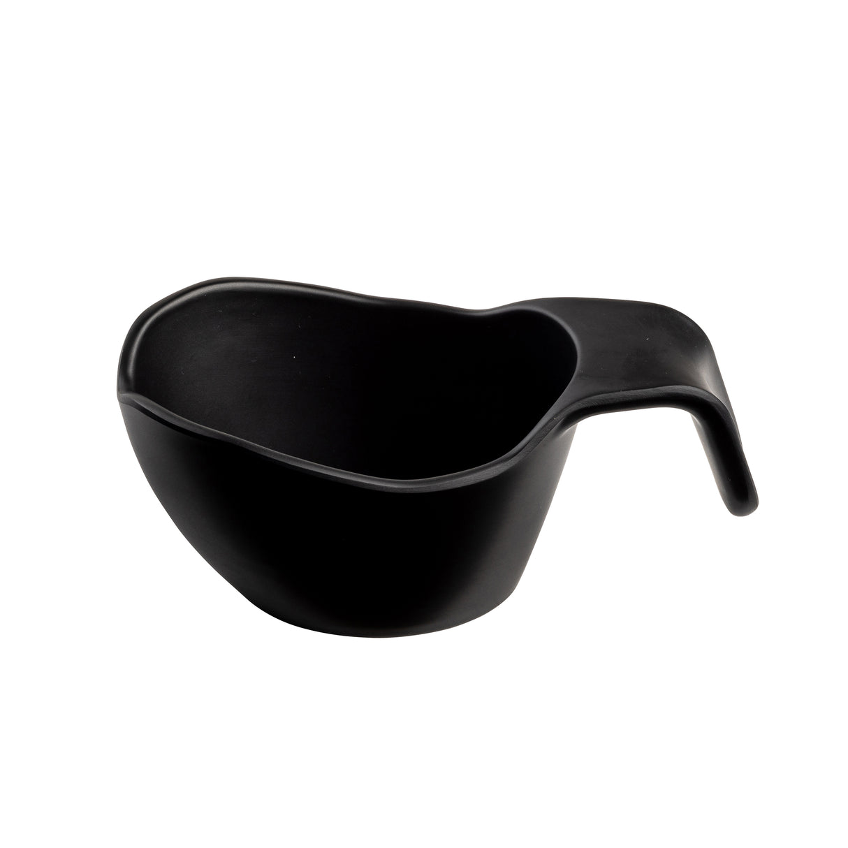 A black, matte-finished melamine bowl with a wide, shallow shape and a unique curved handle extending from one side for easy gripping. The stackable design is highlighted against a plain white background, emphasizing its modern functionality.