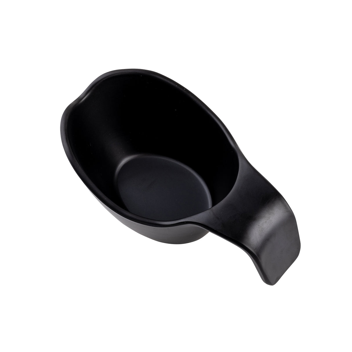 A black, melamine scoop with a deep, oval-shaped bowl and a wide, flat handle is shown on a white background. The handle is smoothly integrated for ergonomic grip. The simple, functional design is also stackable for easy storage.
