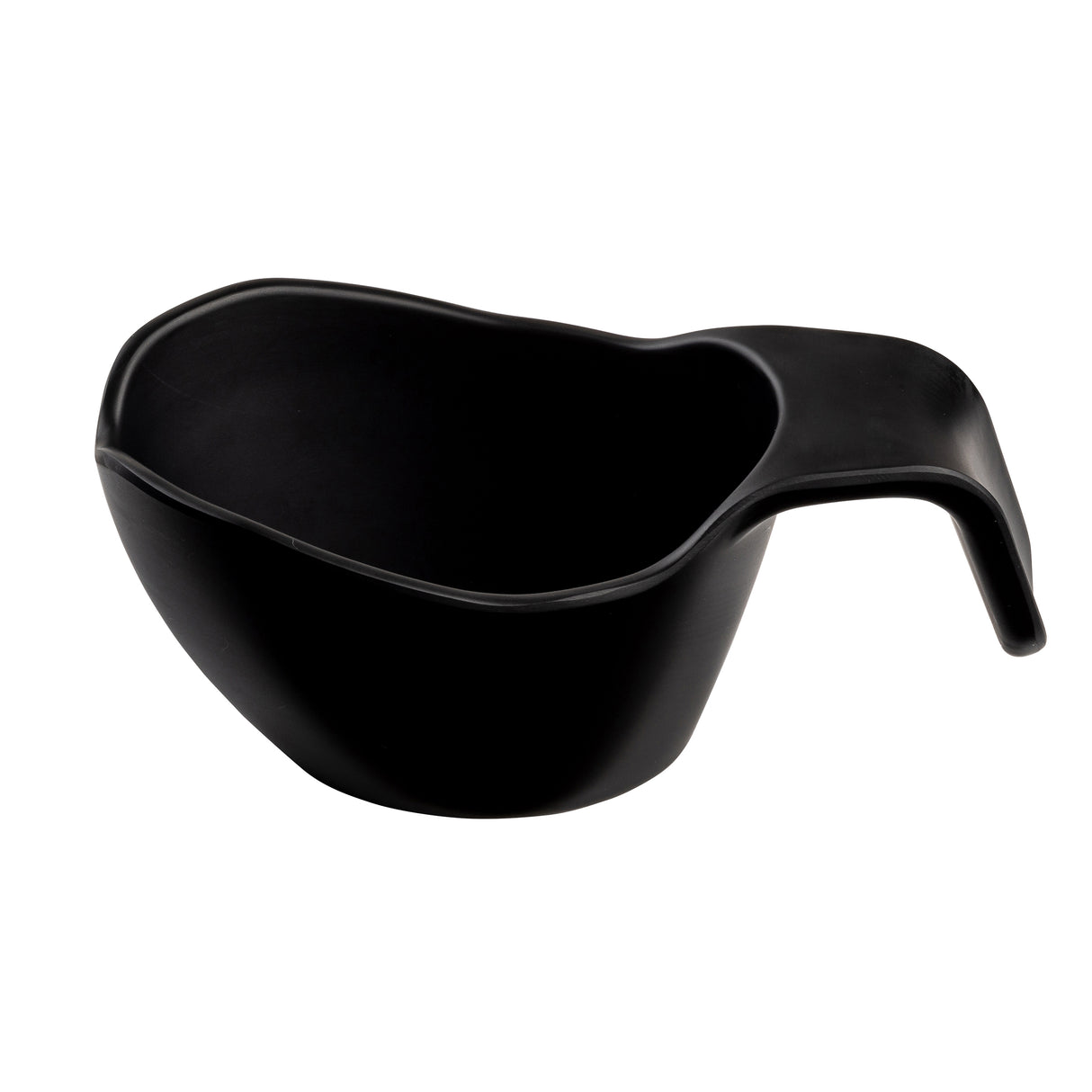 A matte black melamine sauce boat with a curved, ergonomic handle that extends outwards and upwards from one side. The bowl features smooth, rounded edges and an asymmetrical shape for easy pouring. The background is plain white.