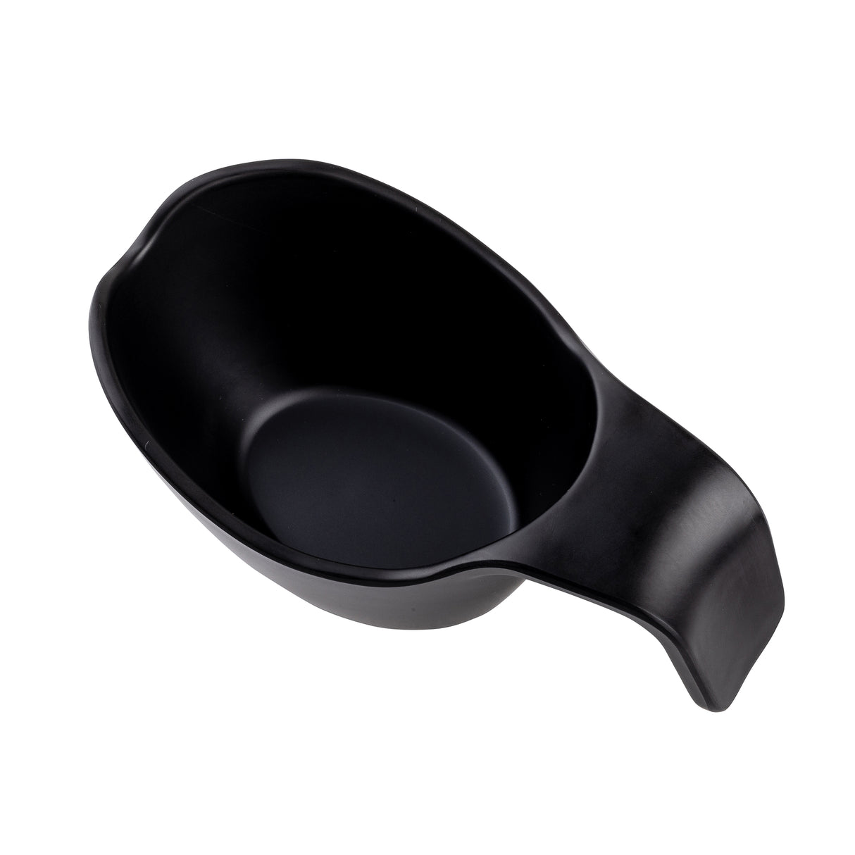 A black, oval-shaped melamine scoop with a wide, flat handle. The scoop has a smooth, matte finish and deep interior, ideal for holding or serving food—like a sauce boat. Ergonomic TableCraft design ensures easy gripping.