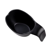 A black, oval-shaped melamine scoop with a wide, flat handle. The scoop has a smooth, matte finish and deep interior, ideal for holding or serving food—like a sauce boat. Ergonomic TableCraft design ensures easy gripping.