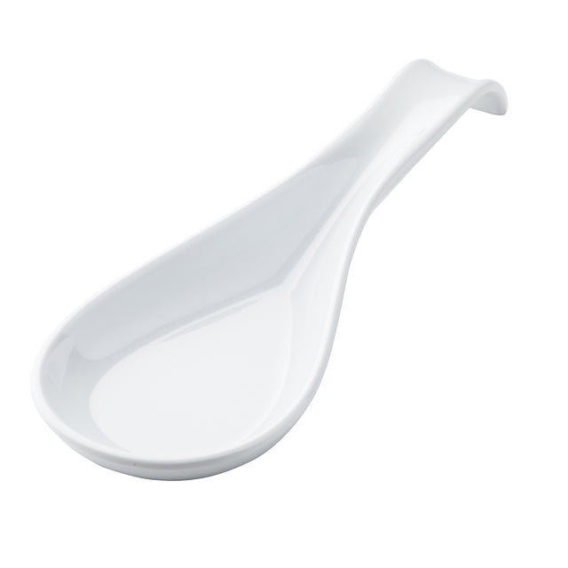 A white, porcelain Chinese soup spoon with a shallow, oval bowl and a curved handle, viewed from a slight angle on a white background. The smooth, glossy spoon could also serve as a simple spoon rest between courses.