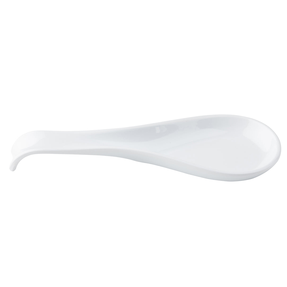 A white TableCraft spoon rest with a smooth, glossy finish. Its teardrop shape and slightly curved handle are designed to hold cooking utensils and keep countertops clean. Made from durable melamine, it sits on a plain white background.