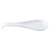 A white TableCraft spoon rest with a smooth, glossy finish. Its teardrop shape and slightly curved handle are designed to hold cooking utensils and keep countertops clean. Made from durable melamine, it sits on a plain white background.