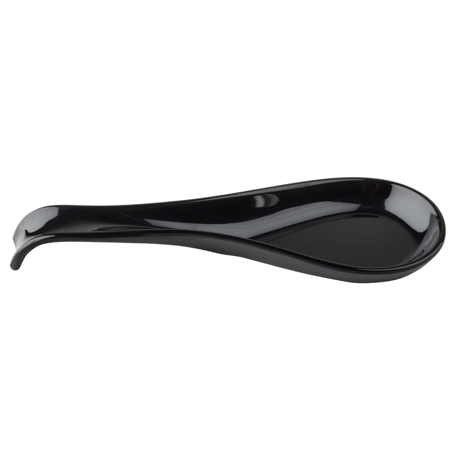 A glossy black Spoon Rest by TableCraft with a curved, elongated shape and a shallow central depression to hold utensils. The smooth, reflective surface and raised back edge prevent slipping, making it a sleek addition to your kitchen.