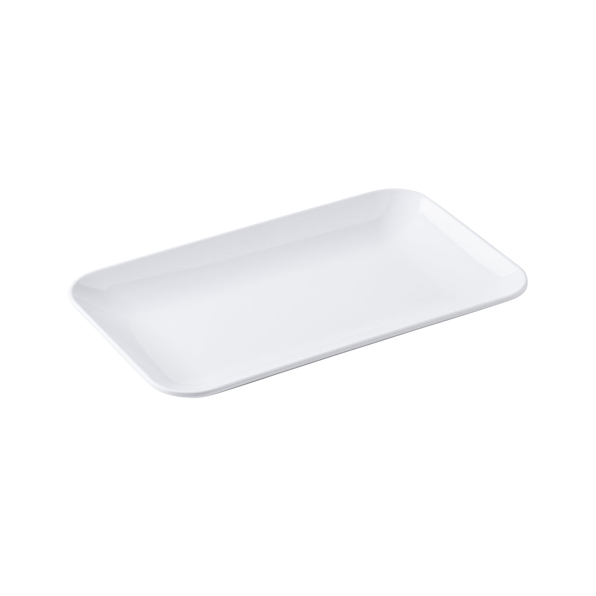 A plain, rectangular serving platter with rounded corners and slightly raised edges, placed on a white background. The empty ceramic plate has a smooth, glossy surface that complements any table setting.