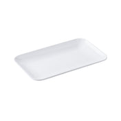 A plain, rectangular serving platter with rounded corners and slightly raised edges, placed on a white background. The empty ceramic plate has a smooth, glossy surface that complements any table setting.