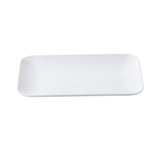 A plain, rectangular serving platter with slightly rounded corners and a smooth, white surface is shown on a white background. Minimalist in style, this plate offers a versatile option for any modern table setting.