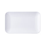 A plain, empty rectangular serving platter with slightly rounded edges is photographed from above on a white background. The plate has a smooth, glossy finish, typical of a melamine serving platter, and no visible patterns or decorations.