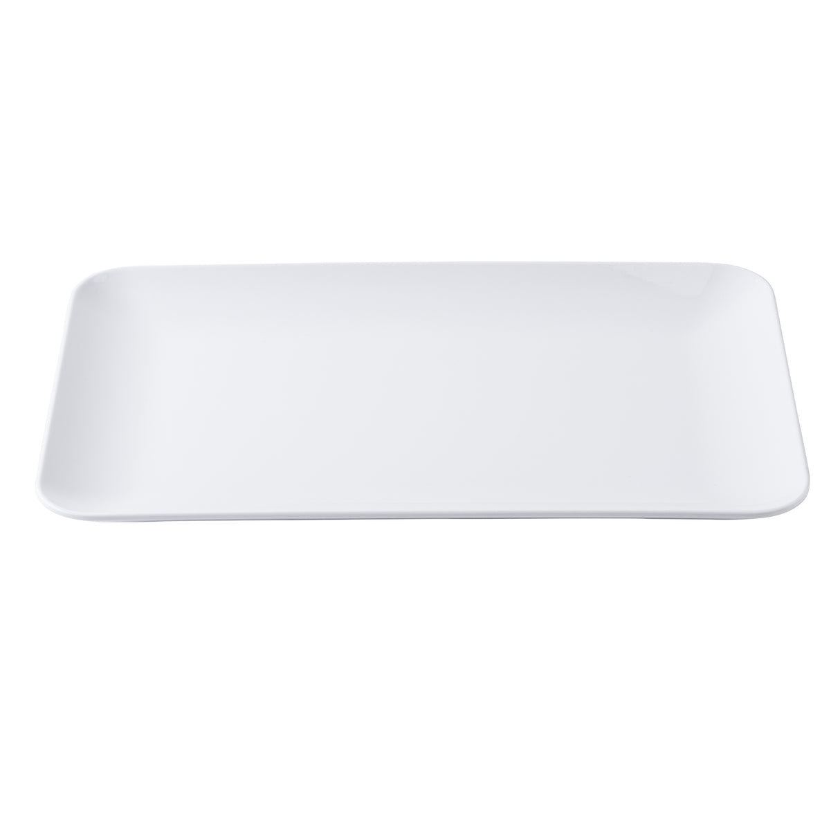 A plain, empty, rectangular white Sierra Collection Serving Platter by TableCraft with rounded corners is centered against a white background. The platter has smooth edges and a glossy finish, offering a clean and minimalist look.