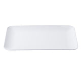 A plain, empty, rectangular white Sierra Collection Serving Platter by TableCraft with rounded corners is centered against a white background. The platter has smooth edges and a glossy finish, offering a clean and minimalist look.