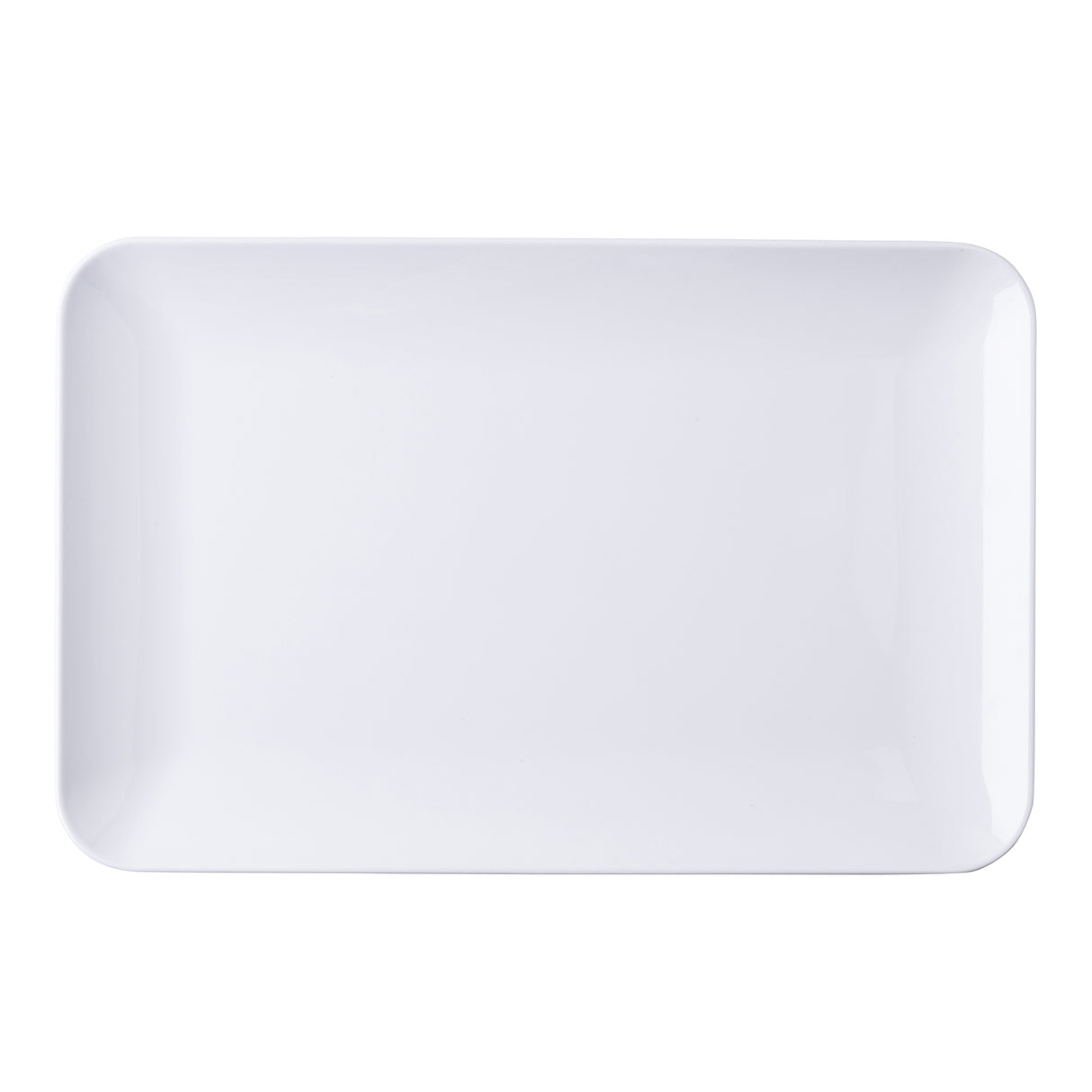 A plain, empty, white rectangular melamine platter with rounded corners is shown against a white background. The plate has smooth edges and a glossy surface, with no decorations or patterns visible.
