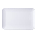 A plain, empty, white rectangular melamine platter with rounded corners is shown against a white background. The plate has smooth edges and a glossy surface, with no decorations or patterns visible.