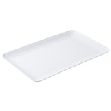A plain, rectangular, white melamine serving tray with slightly raised edges and rounded corners, shown against a white background. The tray has a smooth, glossy surface and appears empty.