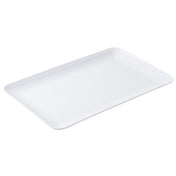 A plain, rectangular, white melamine serving tray with slightly raised edges and rounded corners, shown against a white background. The tray has a smooth, glossy surface and appears empty.
