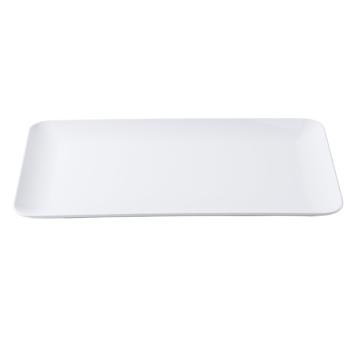 A plain, empty rectangular white serving platter from the Sierra Collection with slightly curved edges is centered against a white background. The glossy melamine plate appears smooth, featuring no patterns or decorations.