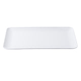 A plain, empty rectangular white serving platter from the Sierra Collection with slightly curved edges is centered against a white background. The glossy melamine plate appears smooth, featuring no patterns or decorations.
