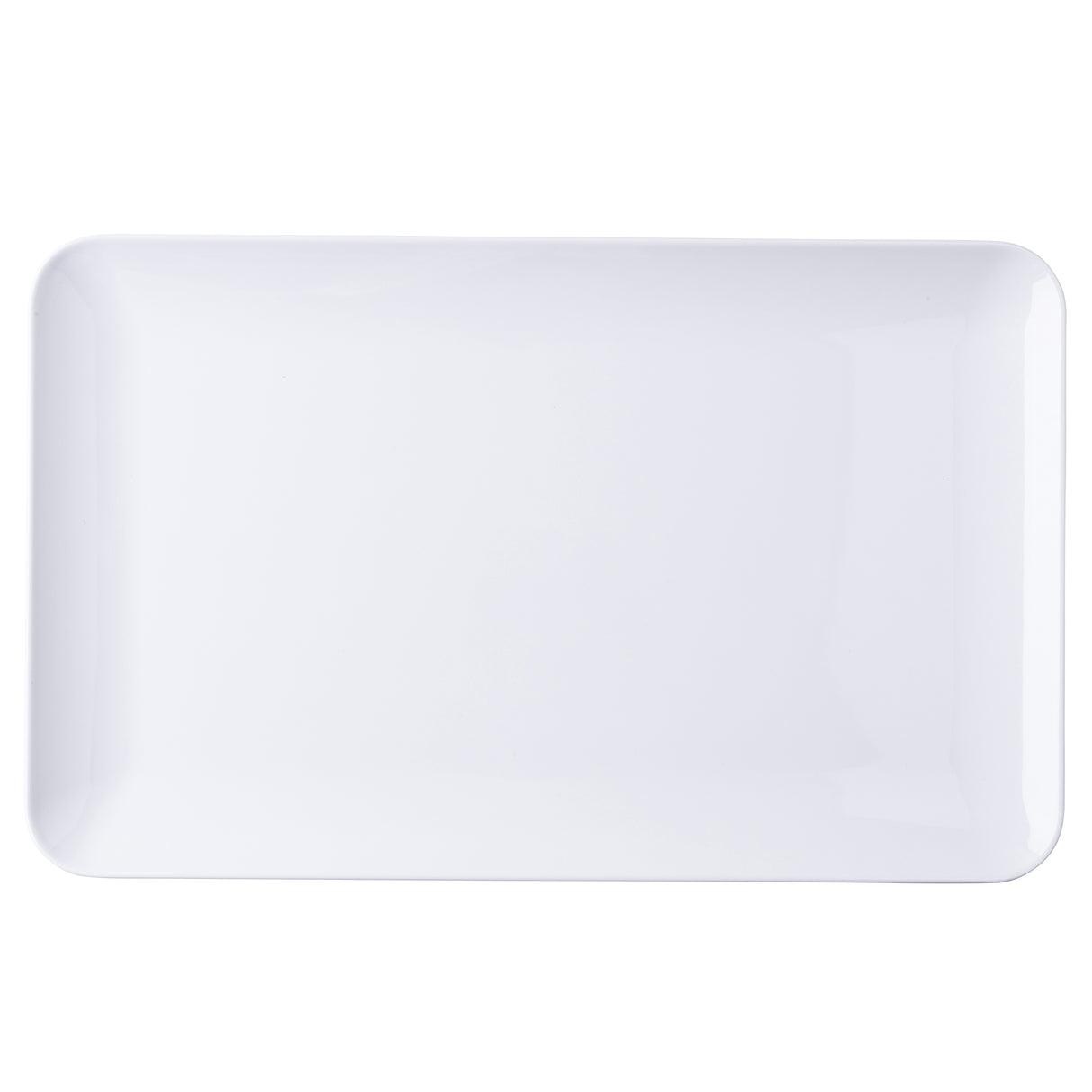 A plain, rectangular white Sierra Collection serving platter with rounded corners and a glossy finish, photographed from above against a white background. The melamine plate is empty and features smooth, clean edges.
