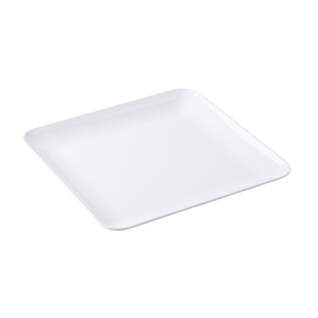 A simple, empty, white Sierra Collection square serving platter with slightly upturned edges is shown against a plain white background. The platter appears to be made of smooth ceramic or porcelain.