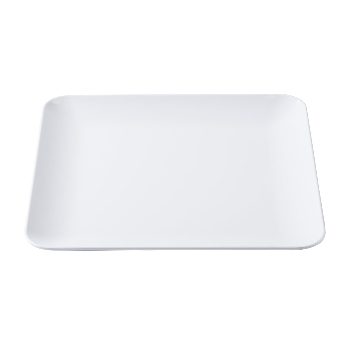 A plain, square white melamine serving platter with slightly rounded corners and raised edges, set against a white background. The platter is empty and has a smooth, glossy surface.