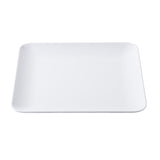 A plain, square white melamine serving platter with slightly rounded corners and raised edges, set against a white background. The platter is empty and has a smooth, glossy surface.