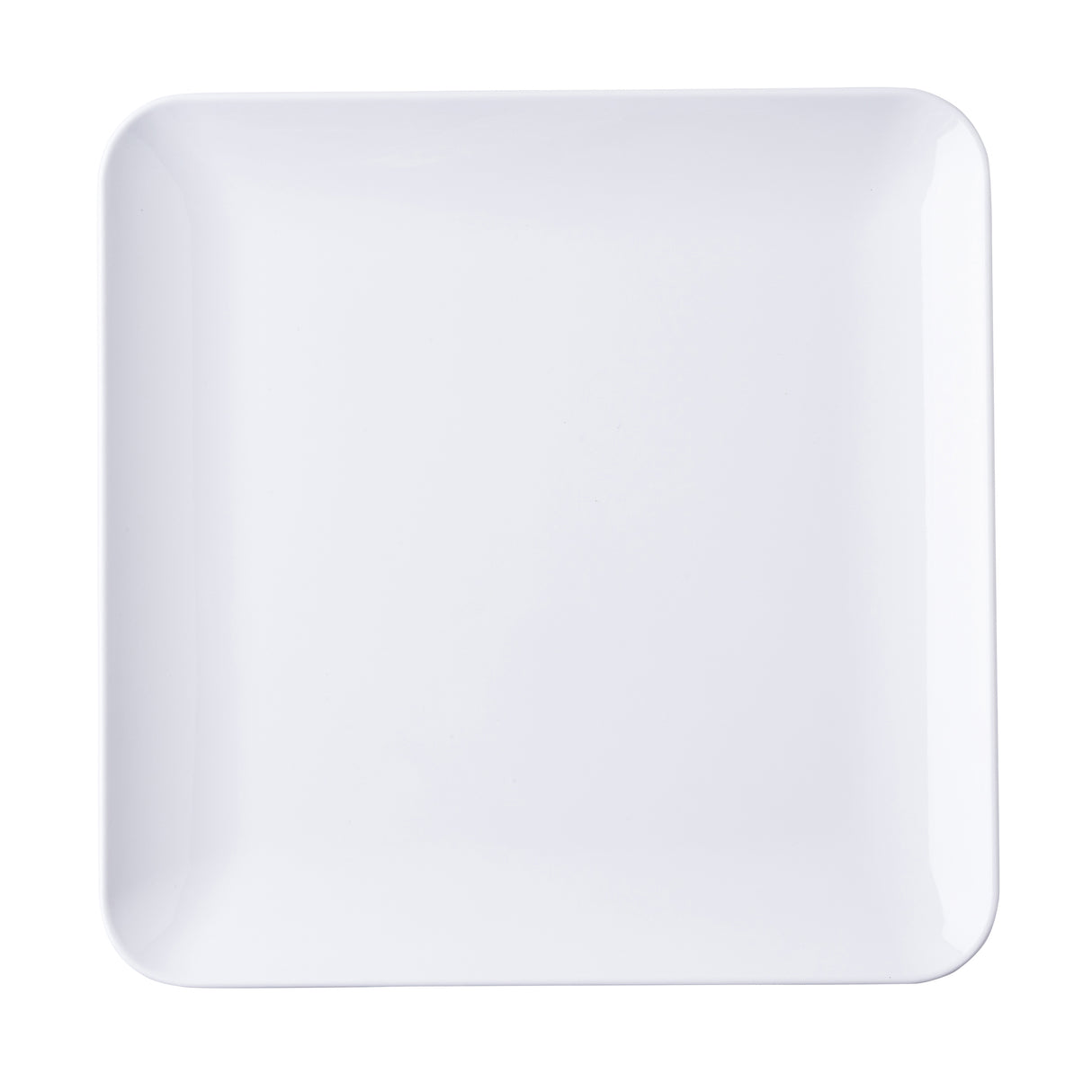A plain, white, square serving platter with slightly rounded corners and smooth edges, photographed from above against a white background. The plate is empty and showcases a glossy finish.