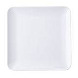 A plain, white, square serving platter with slightly rounded corners and smooth edges, photographed from above against a white background. The plate is empty and showcases a glossy finish.