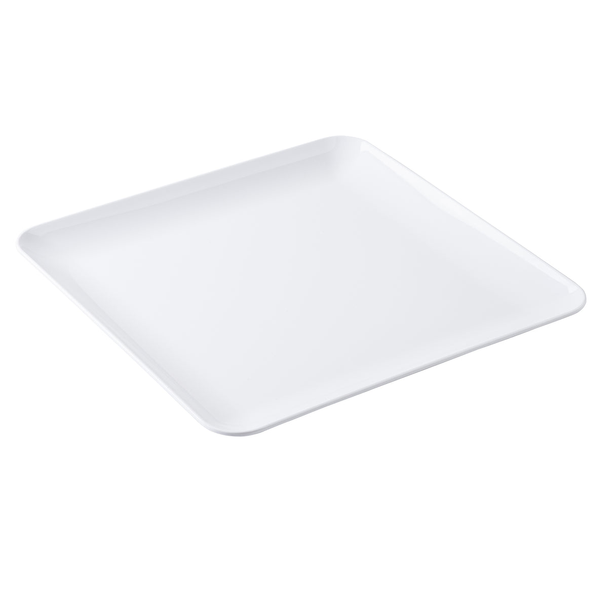 A plain, square serving platter from the Sierra Collection, this white ceramic plate features slightly raised, rounded edges and a smooth, glossy surface, offering a minimalist design against a white background.