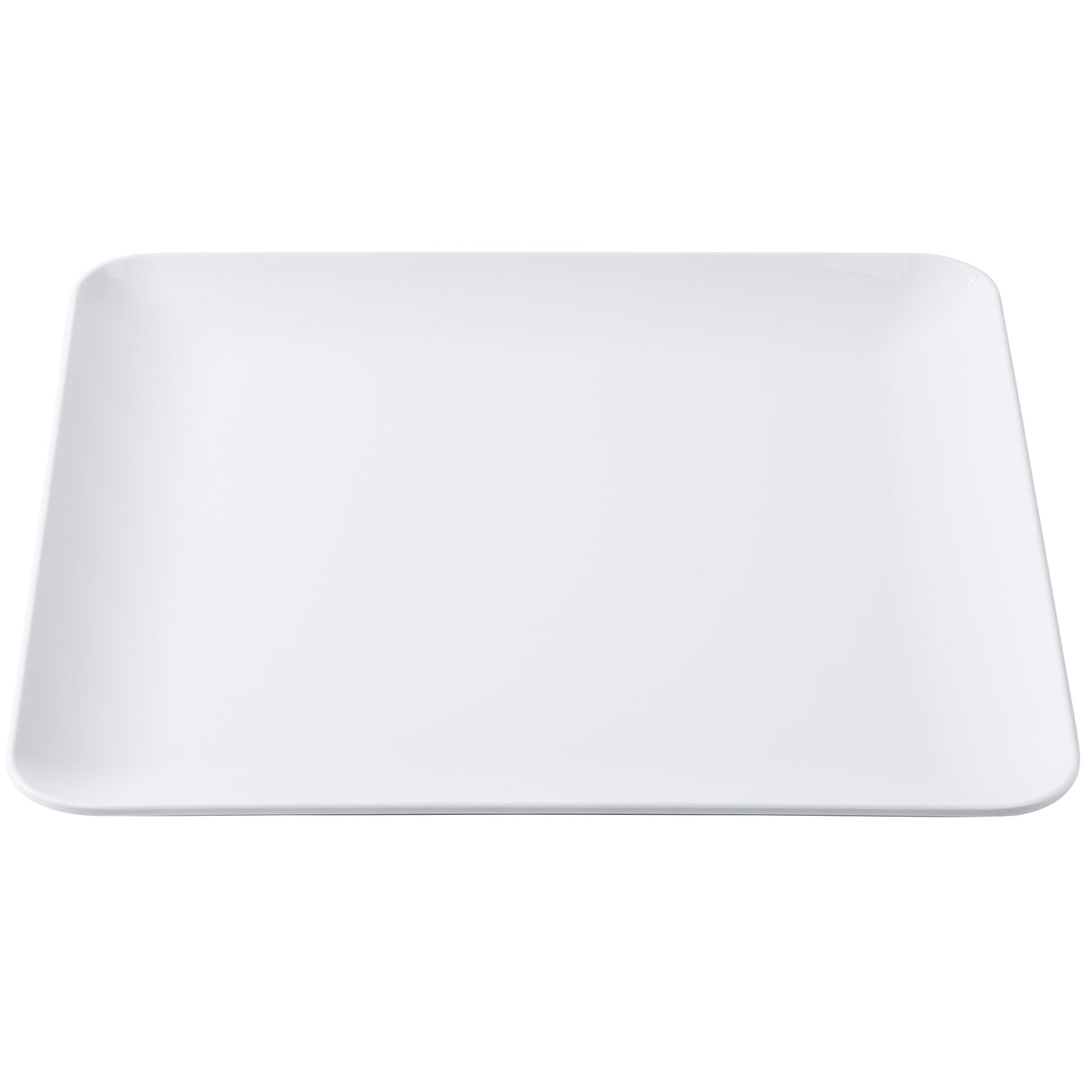 A plain, empty, white square serving platter with slightly rounded corners is shown on a white background. The Sierra Collection Serving Platter has a smooth, melamine surface with no decorations or patterns.