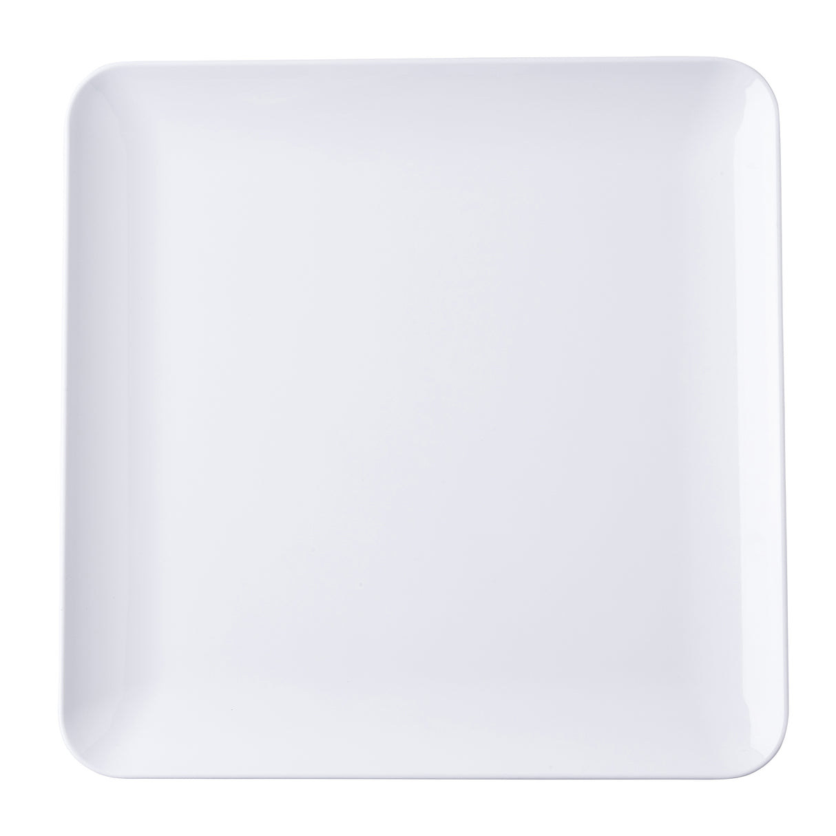 A plain, white, square serving platter with slightly rounded corners, photographed from above against a white background. The plate has a smooth surface and a minimalist design, ideal for the Sierra Collection Serving Platter lineup.